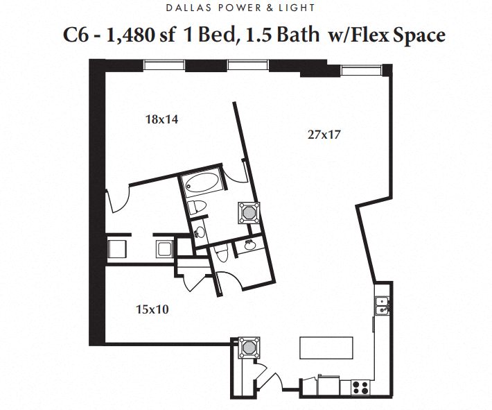 Floor plan for 2 beds, 1.5 baths, 1480 sqft